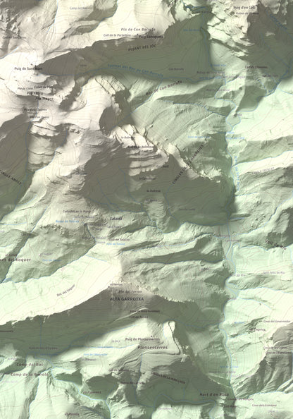 Mapa de relieve de Puig de les Bruixes, 1391 m, Alt Empordà · Garrotxa, lámina 100 Cims de Trobart. Detalle de la zona inferior derecha. 70 × 100 cm.