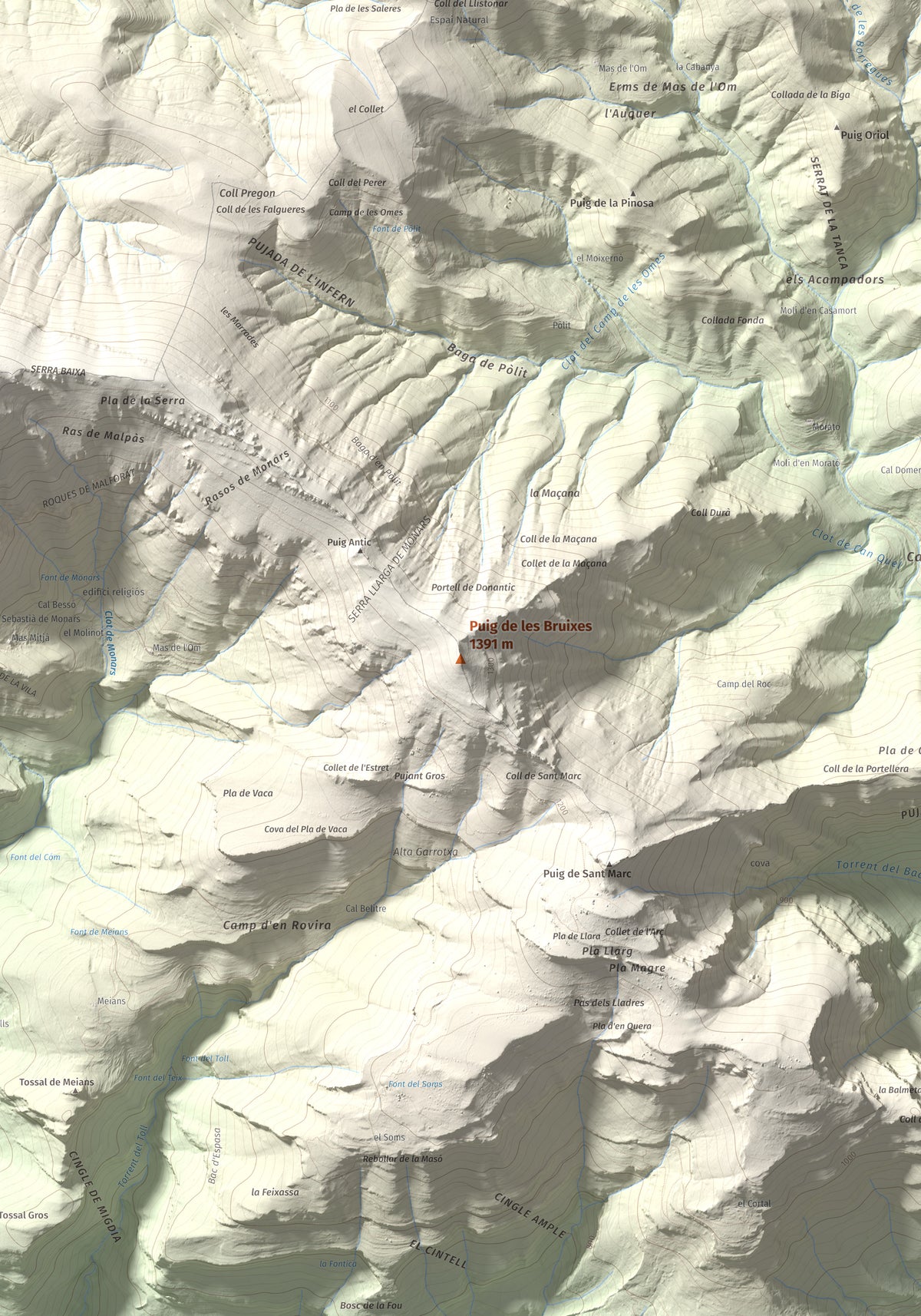 Mapa de relieve de Puig de les Bruixes, 1391 m, Alt Empordà · Garrotxa, lámina 100 Cims de Trobart. Detalle de la zona central. 70 × 100 cm.