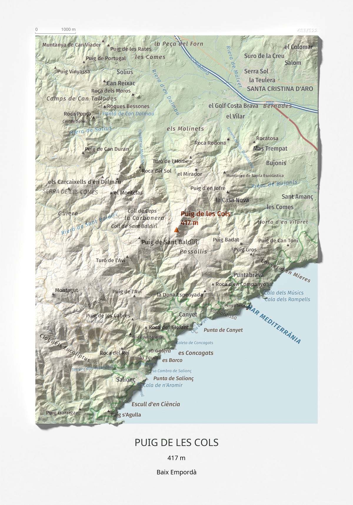 Mapa de relieve de Puig de les Cols, 417 m, Baix Empordà, lámina 100 Cims de Trobart 21 × 30 cm.