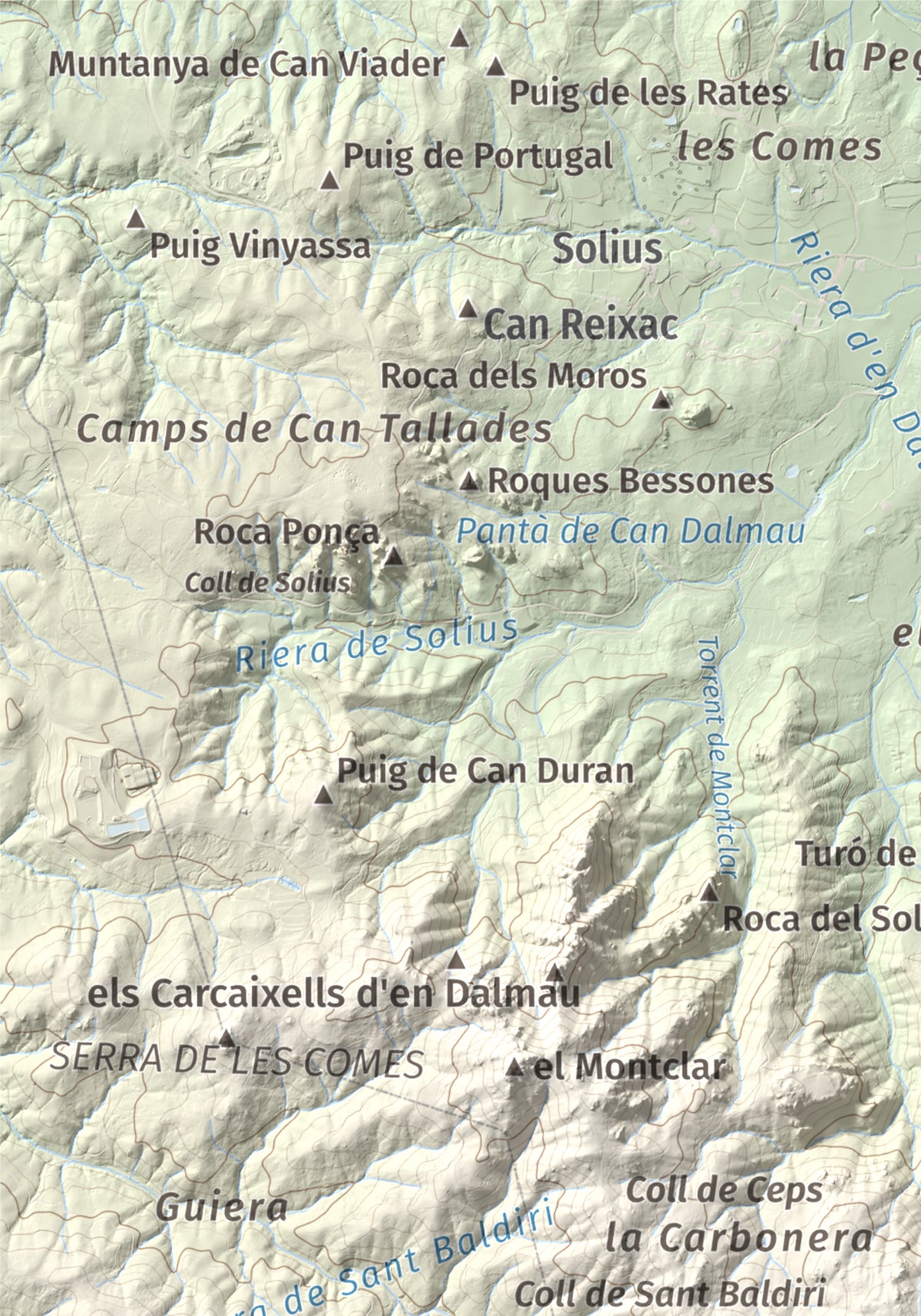 Mapa de relieve de Puig de les Cols, 417 m, Baix Empordà, lámina 100 Cims de Trobart. Detalle de la zona superior izquierda. 21 × 30 cm.