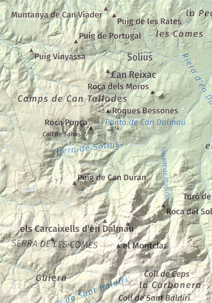 Mapa de relieve de Puig de les Cols, 417 m, Baix Empordà, lámina 100 Cims de Trobart. Detalle de la zona superior izquierda. 21 × 30 cm.