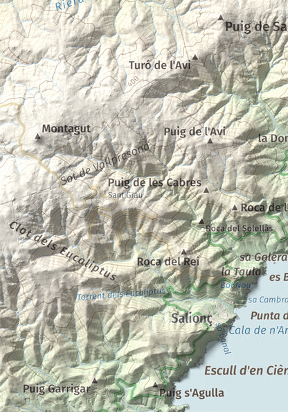 Mapa de relieve de Puig de les Cols, 417 m, Baix Empordà, lámina 100 Cims de Trobart. Detalle de la zona inferior izquierda. 21 × 30 cm.