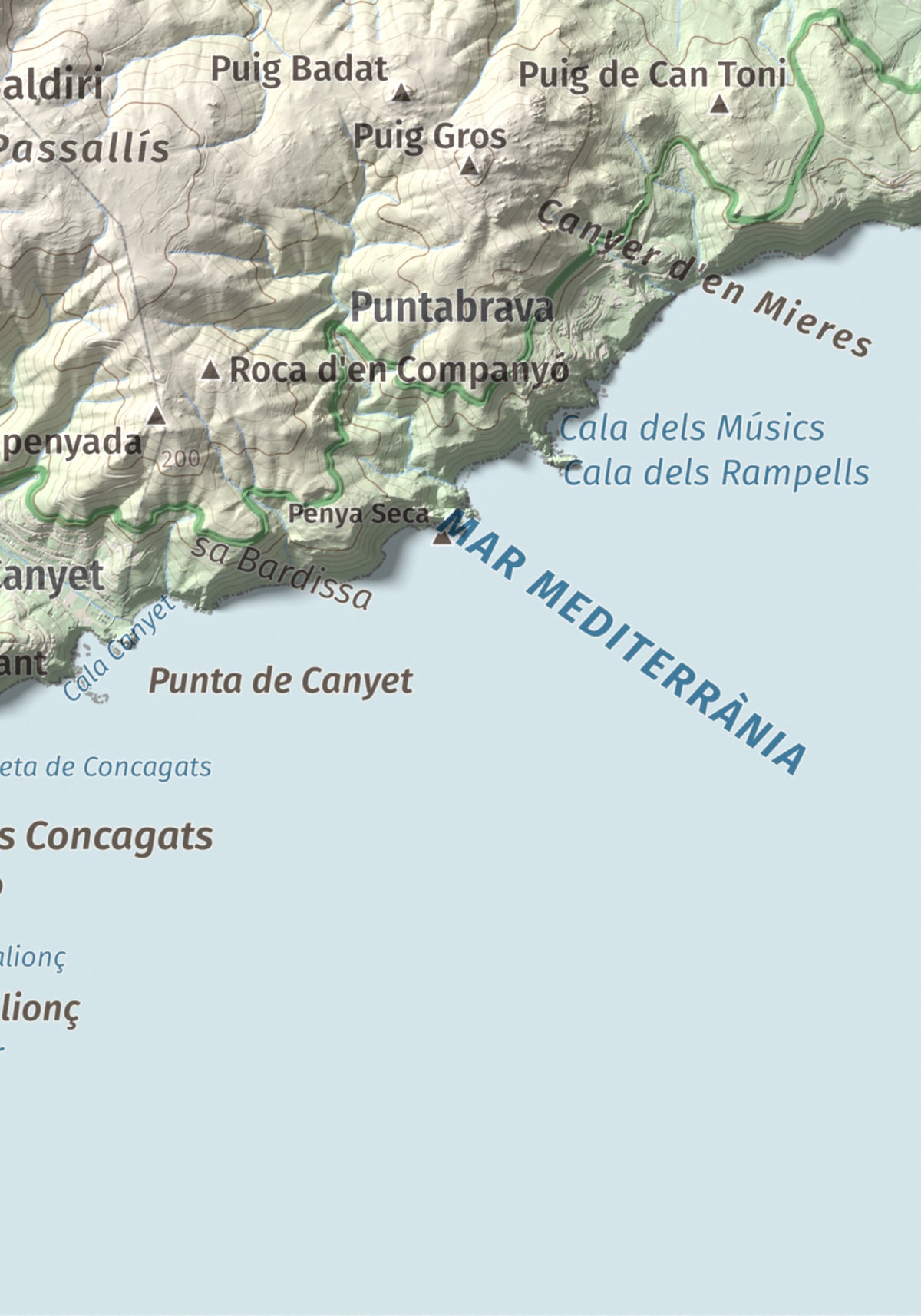 Mapa de relieve de Puig de les Cols, 417 m, Baix Empordà, lámina 100 Cims de Trobart. Detalle de la zona inferior derecha. 21 × 30 cm.