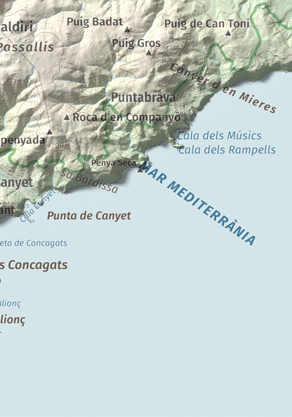 Mapa de relieve de Puig de les Cols, 417 m, Baix Empordà, lámina 100 Cims de Trobart. Detalle de la zona inferior derecha. 21 × 30 cm.