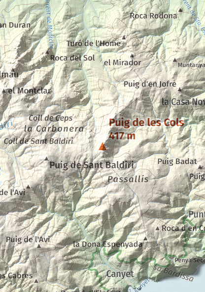 Mapa de relieve de Puig de les Cols, 417 m, Baix Empordà, lámina 100 Cims de Trobart. Detalle de la zona central. 21 × 30 cm.