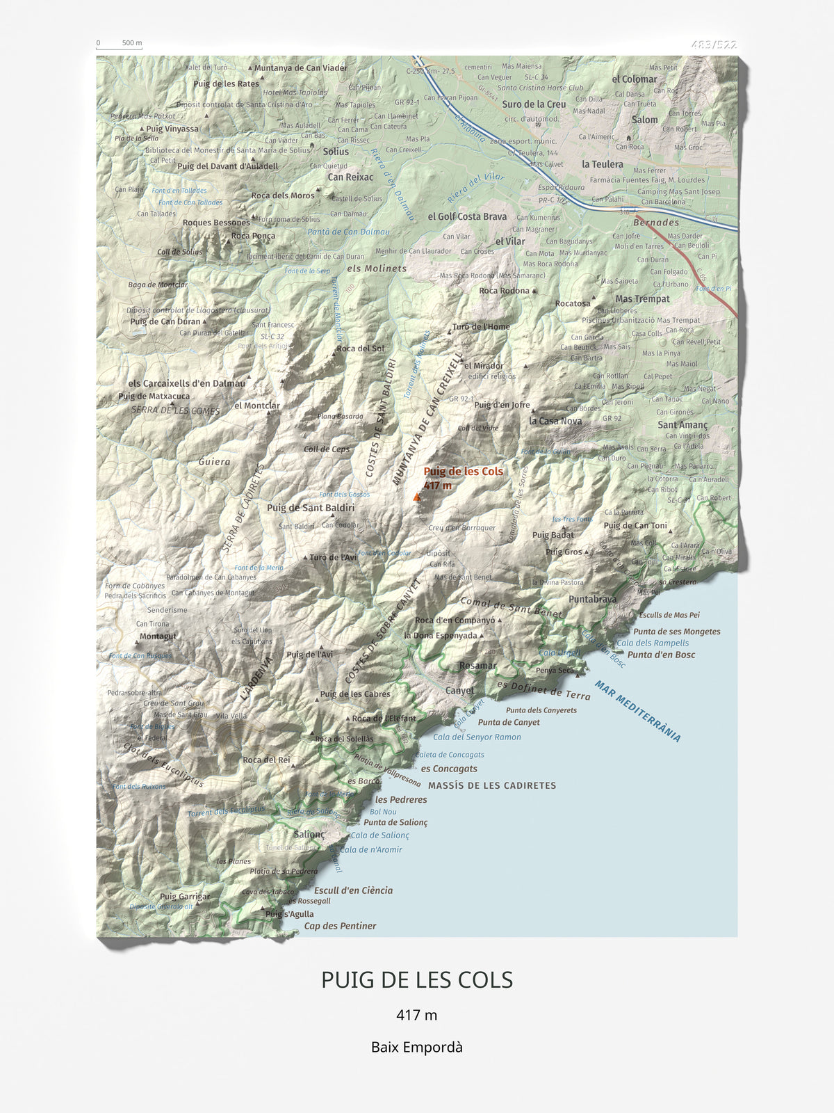Mapa de relieve de Puig de les Cols, 417 m, Baix Empordà, lámina 100 Cims de Trobart 30 × 40 cm.