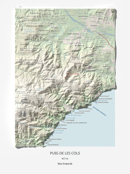 Mapa de relieve de Puig de les Cols, 417 m, Baix Empordà, lámina 100 Cims de Trobart 30 × 40 cm.