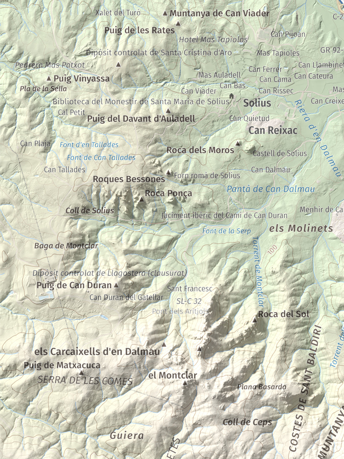 Mapa de relieve de Puig de les Cols, 417 m, Baix Empordà, lámina 100 Cims de Trobart. Detalle de la zona superior izquierda. 30 × 40 cm.