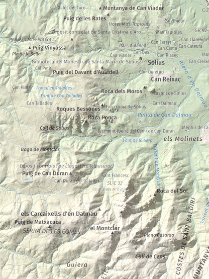 Mapa de relieve de Puig de les Cols, 417 m, Baix Empordà, lámina 100 Cims de Trobart. Detalle de la zona superior izquierda. 30 × 40 cm.