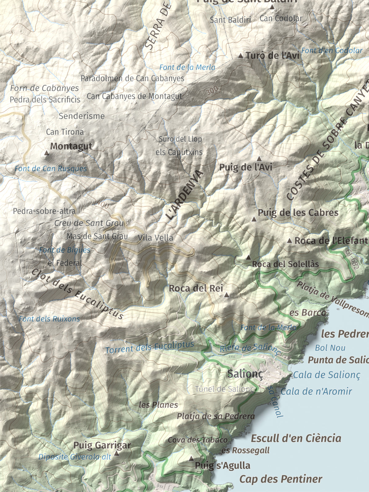 Mapa de relieve de Puig de les Cols, 417 m, Baix Empordà, lámina 100 Cims de Trobart. Detalle de la zona inferior izquierda. 30 × 40 cm.