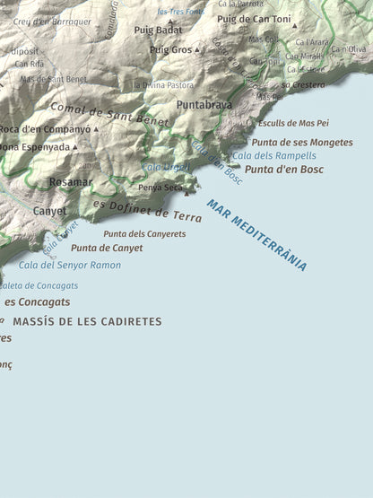 Mapa de relieve de Puig de les Cols, 417 m, Baix Empordà, lámina 100 Cims de Trobart. Detalle de la zona inferior derecha. 30 × 40 cm.