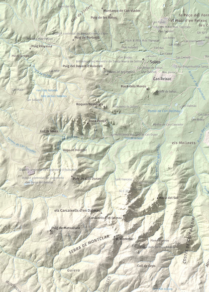 Mapa de relieve de Puig de les Cols, 417 m, Baix Empordà, lámina 100 Cims de Trobart. Detalle de la zona superior izquierda. 50 × 70 cm.