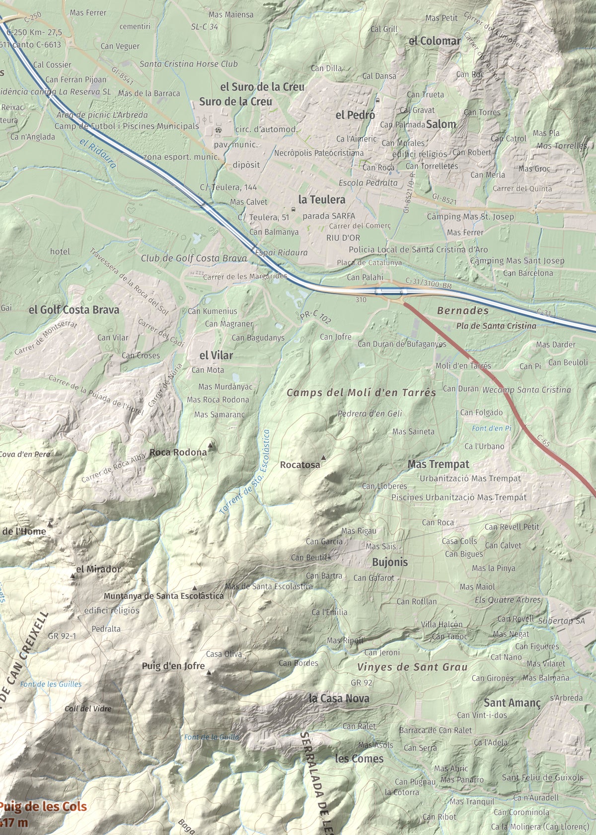 Mapa de relieve de Puig de les Cols, 417 m, Baix Empordà, lámina 100 Cims de Trobart. Detalle de la zona superior derecha. 50 × 70 cm.