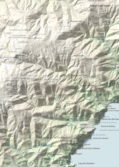 Mapa de relieve de Puig de les Cols, 417 m, Baix Empordà, lámina 100 Cims de Trobart. Detalle de la zona inferior izquierda. 50 × 70 cm.