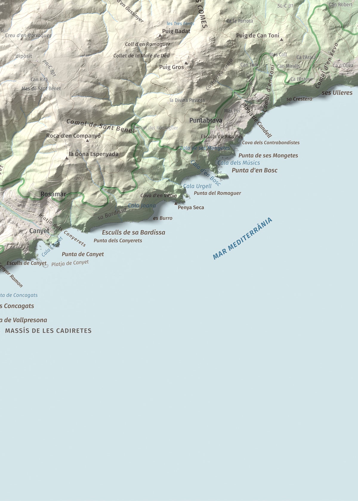 Mapa de relieve de Puig de les Cols, 417 m, Baix Empordà, lámina 100 Cims de Trobart. Detalle de la zona inferior derecha. 50 × 70 cm.