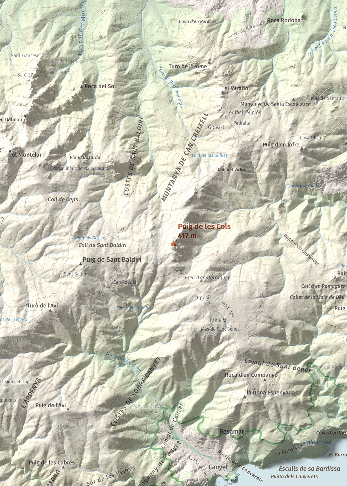 Mapa de relieve de Puig de les Cols, 417 m, Baix Empordà, lámina 100 Cims de Trobart. Detalle de la zona central. 50 × 70 cm.