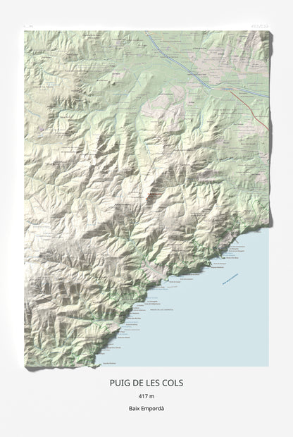 Mapa de relieve de Puig de les Cols, 417 m, Baix Empordà, lámina 100 Cims de Trobart 61 × 91 cm.