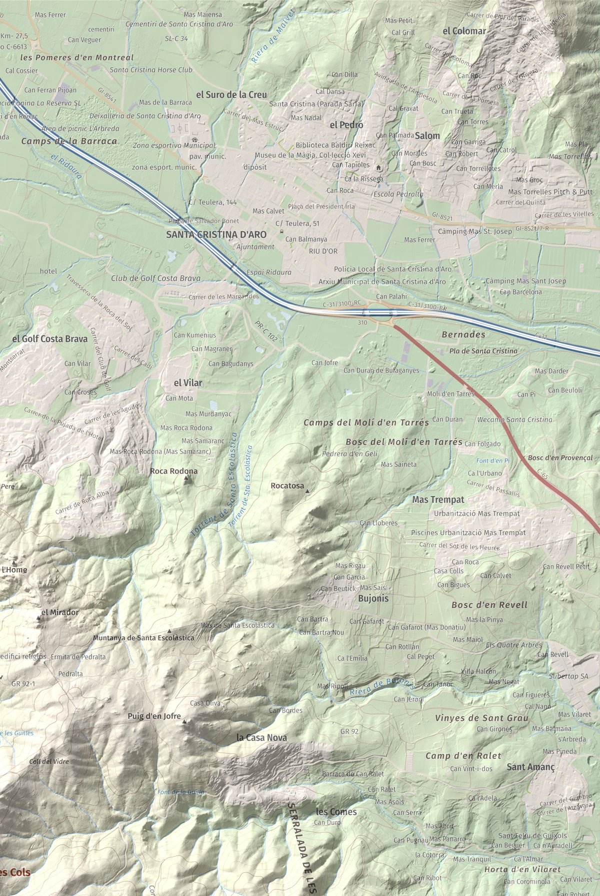 Mapa de relieve de Puig de les Cols, 417 m, Baix Empordà, lámina 100 Cims de Trobart. Detalle de la zona superior derecha. 61 × 91 cm.
