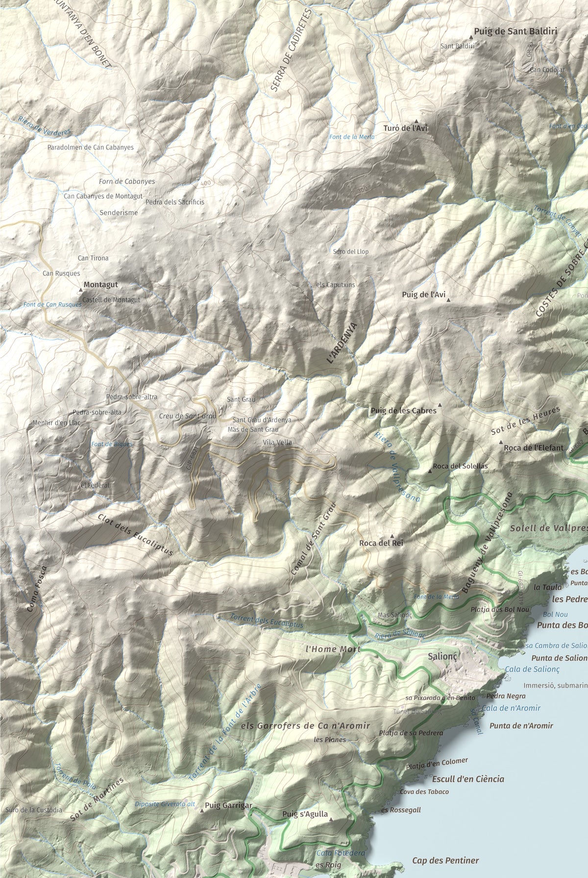 Mapa de relieve de Puig de les Cols, 417 m, Baix Empordà, lámina 100 Cims de Trobart. Detalle de la zona inferior izquierda. 61 × 91 cm.