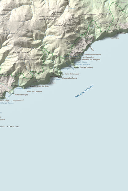 Mapa de relieve de Puig de les Cols, 417 m, Baix Empordà, lámina 100 Cims de Trobart. Detalle de la zona inferior derecha. 61 × 91 cm.