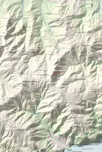 Mapa de relieve de Puig de les Cols, 417 m, Baix Empordà, lámina 100 Cims de Trobart. Detalle de la zona central. 61 × 91 cm.