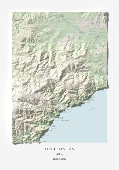Mapa de relieve de Puig de les Cols, 417 m, Baix Empordà, lámina 100 Cims de Trobart 70 × 100 cm.
