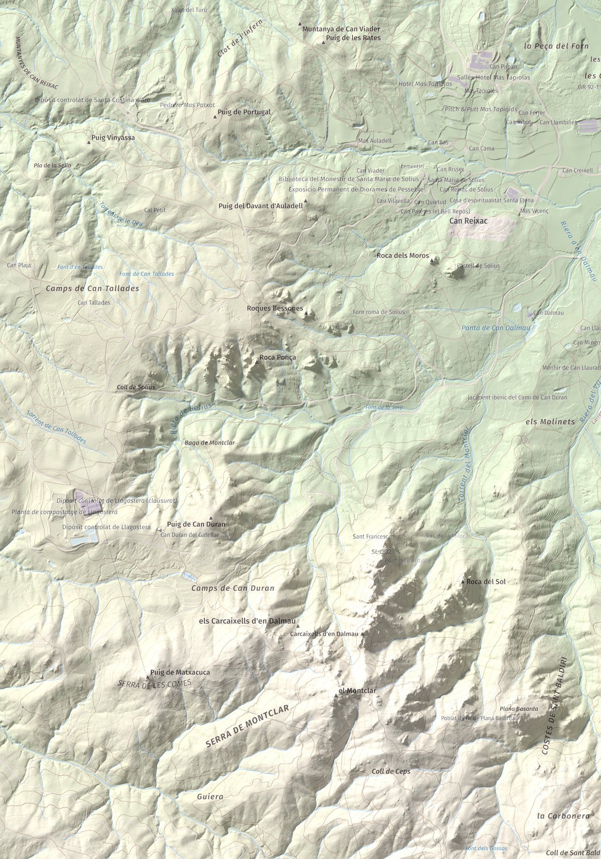Mapa de relieve de Puig de les Cols, 417 m, Baix Empordà, lámina 100 Cims de Trobart. Detalle de la zona superior izquierda. 70 × 100 cm.