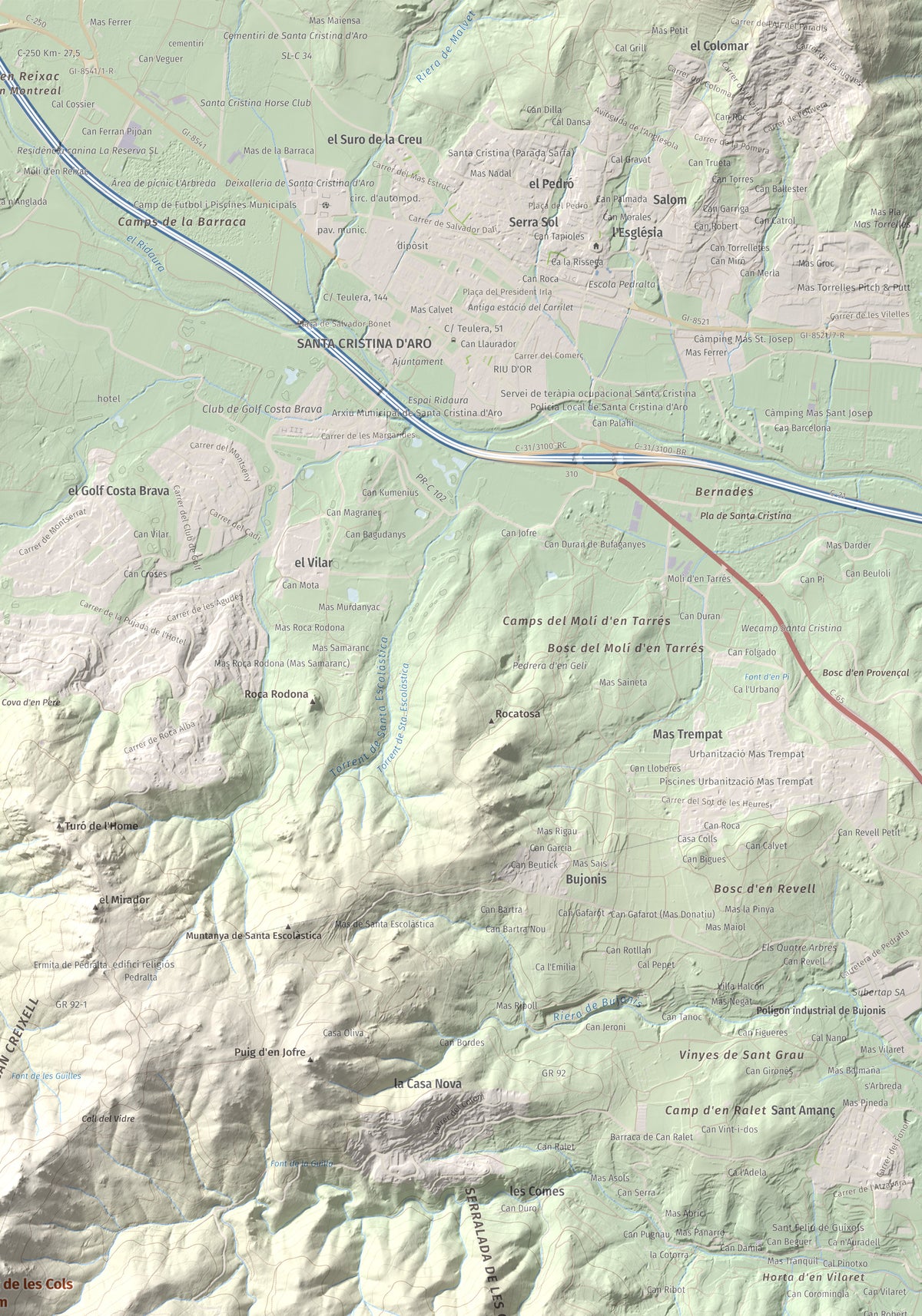 Mapa de relieve de Puig de les Cols, 417 m, Baix Empordà, lámina 100 Cims de Trobart. Detalle de la zona superior derecha. 70 × 100 cm.