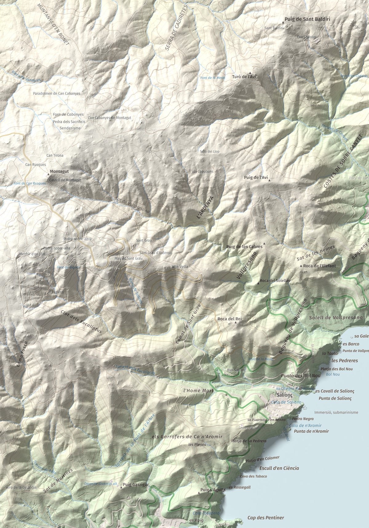 Mapa de relieve de Puig de les Cols, 417 m, Baix Empordà, lámina 100 Cims de Trobart. Detalle de la zona inferior izquierda. 70 × 100 cm.