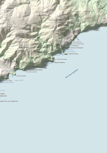 Mapa de relieve de Puig de les Cols, 417 m, Baix Empordà, lámina 100 Cims de Trobart. Detalle de la zona inferior derecha. 70 × 100 cm.