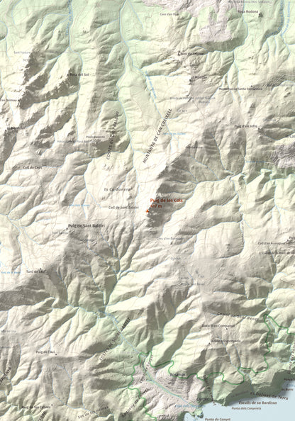 Mapa de relieve de Puig de les Cols, 417 m, Baix Empordà, lámina 100 Cims de Trobart. Detalle de la zona central. 70 × 100 cm.
