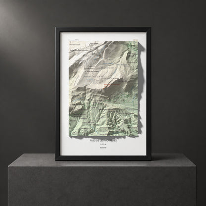 Mapa de relieve de Puig de les Morreres, 2211 m, Solsonès, lámina 100 Cims de Trobart. Presentación enmarcada. 21 × 30 cm.