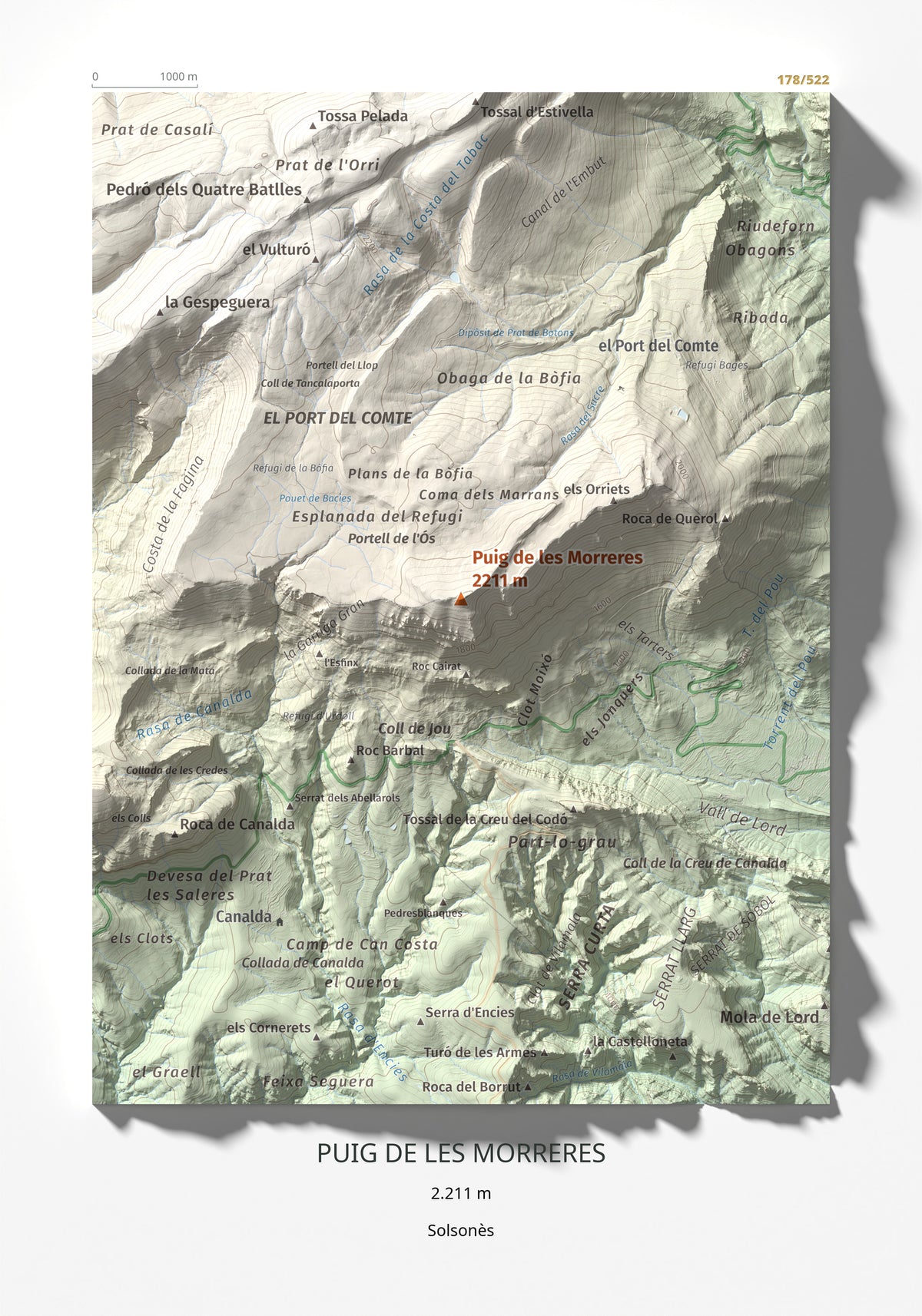 Mapa de relieve de Puig de les Morreres, 2211 m, Solsonès, lámina 100 Cims de Trobart 21 × 30 cm.