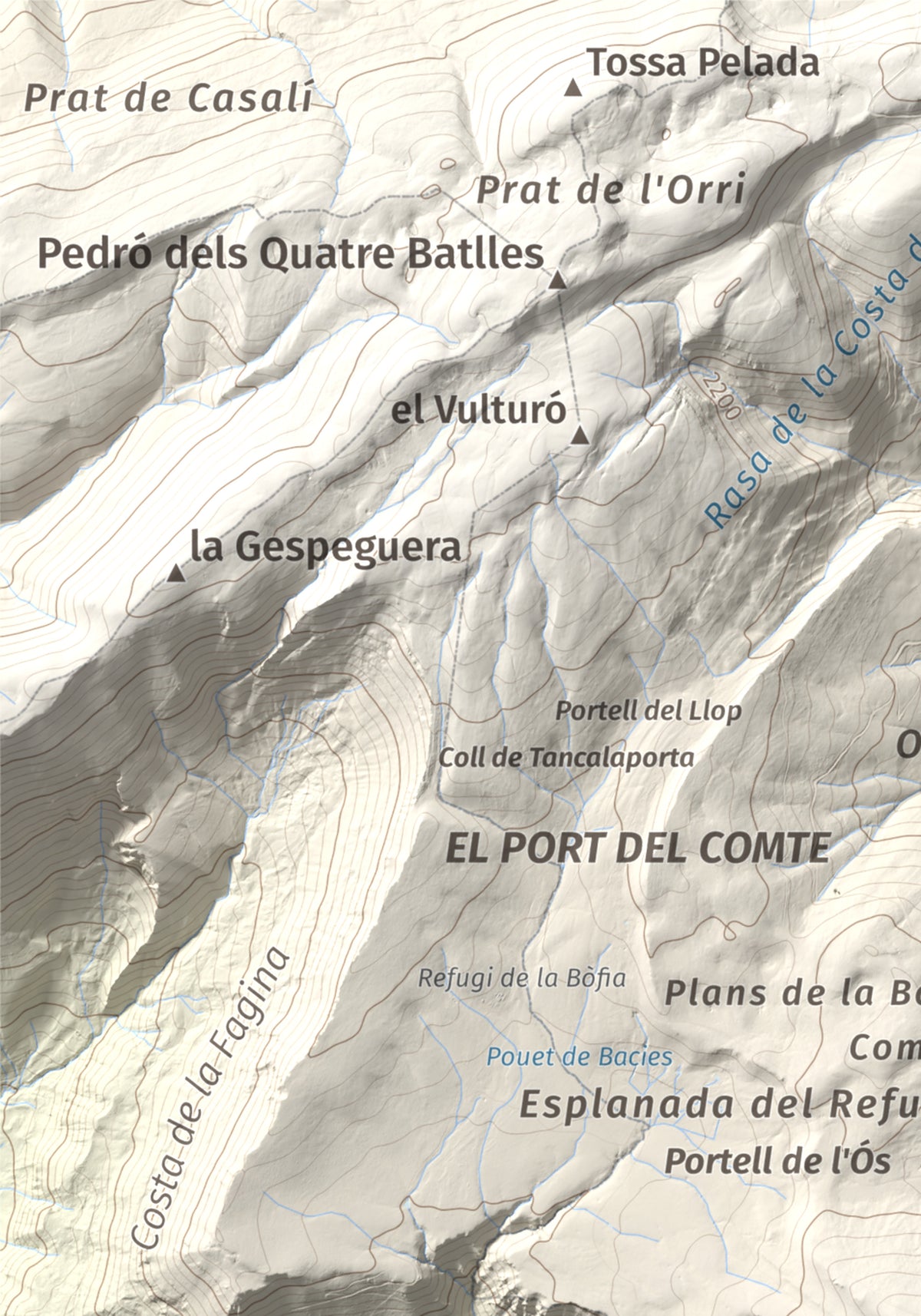 Mapa de relieve de Puig de les Morreres, 2211 m, Solsonès, lámina 100 Cims de Trobart. Detalle de la zona superior izquierda. 21 × 30 cm.