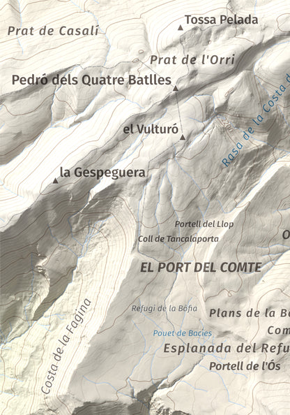 Mapa de relieve de Puig de les Morreres, 2211 m, Solsonès, lámina 100 Cims de Trobart. Detalle de la zona superior izquierda. 21 × 30 cm.