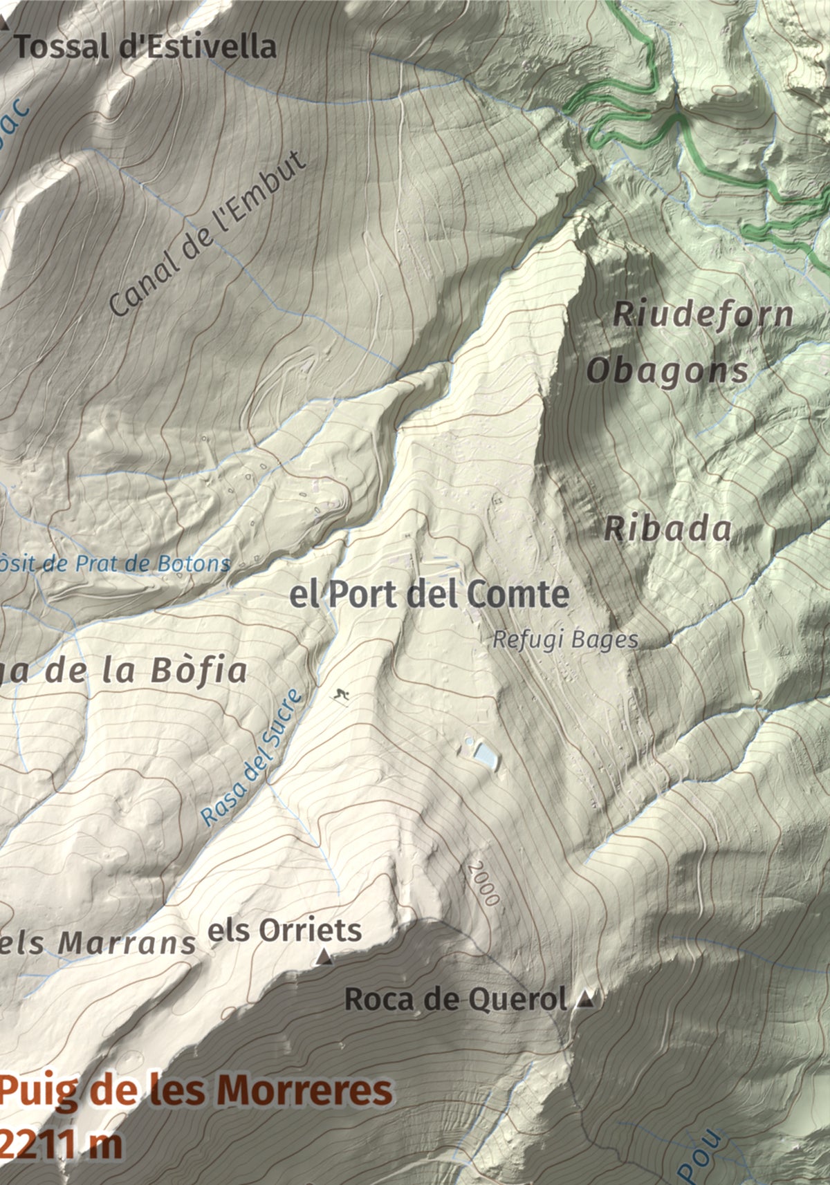 Mapa de relieve de Puig de les Morreres, 2211 m, Solsonès, lámina 100 Cims de Trobart. Detalle de la zona superior derecha. 21 × 30 cm.