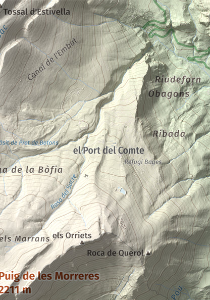 Mapa de relieve de Puig de les Morreres, 2211 m, Solsonès, lámina 100 Cims de Trobart. Detalle de la zona superior derecha. 21 × 30 cm.