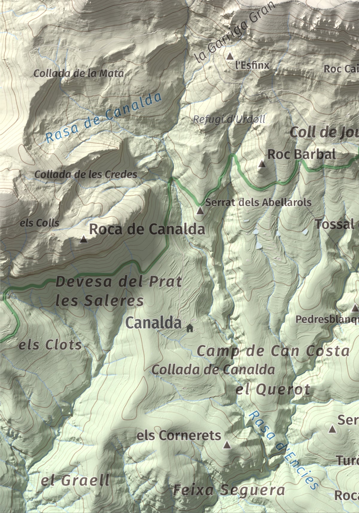 Mapa de relieve de Puig de les Morreres, 2211 m, Solsonès, lámina 100 Cims de Trobart. Detalle de la zona inferior izquierda. 21 × 30 cm.