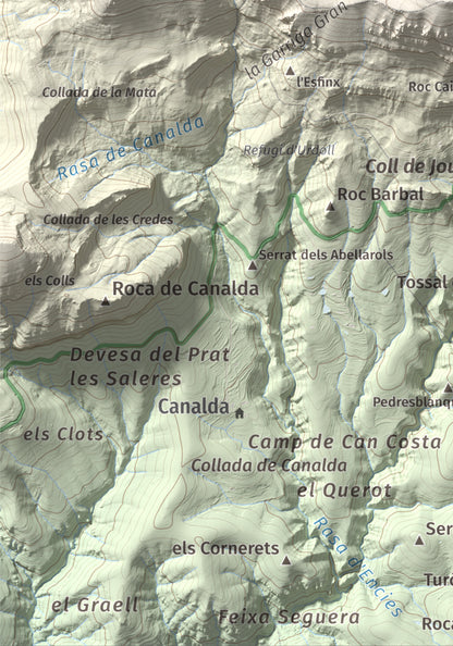 Mapa de relieve de Puig de les Morreres, 2211 m, Solsonès, lámina 100 Cims de Trobart. Detalle de la zona inferior izquierda. 21 × 30 cm.