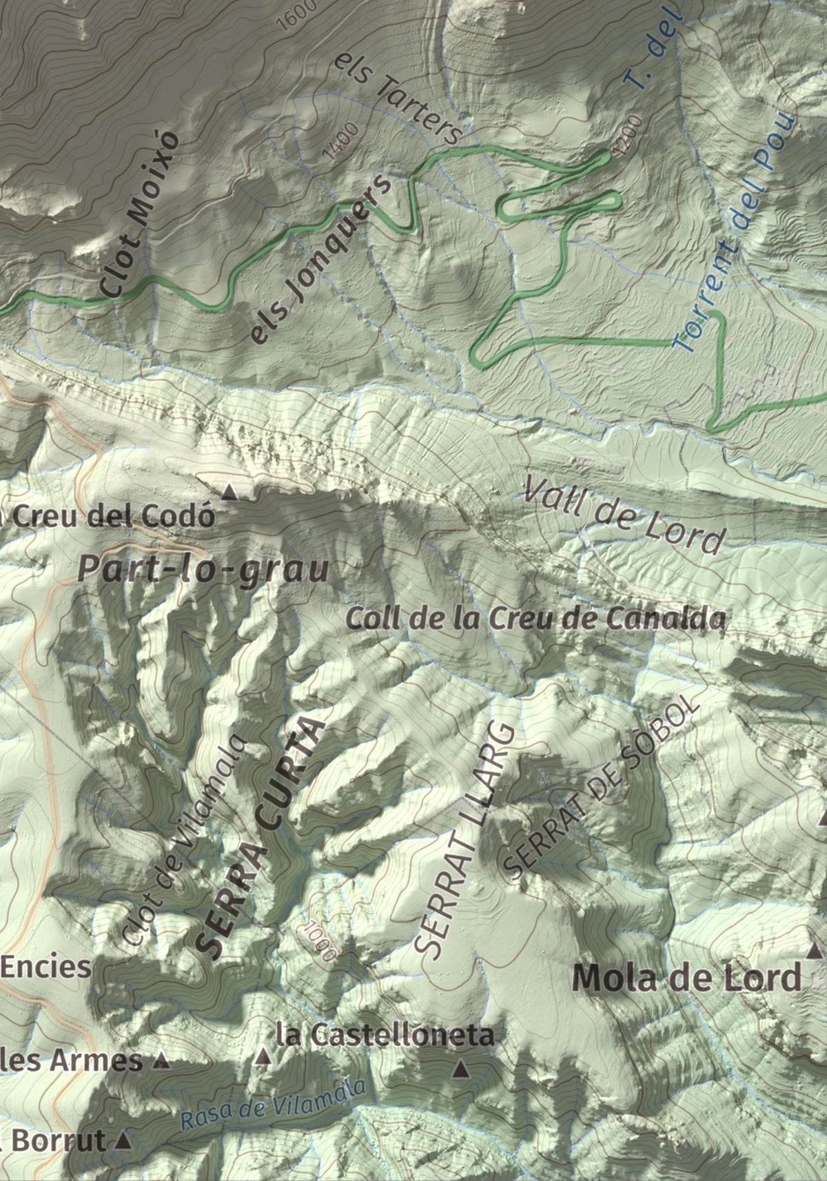 Mapa de relieve de Puig de les Morreres, 2211 m, Solsonès, lámina 100 Cims de Trobart. Detalle de la zona inferior derecha. 21 × 30 cm.