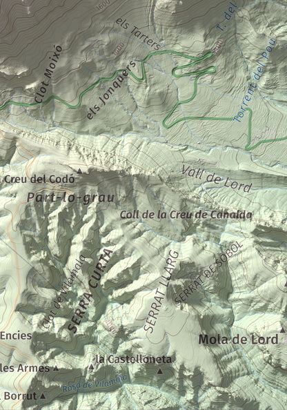 Mapa de relieve de Puig de les Morreres, 2211 m, Solsonès, lámina 100 Cims de Trobart. Detalle de la zona inferior derecha. 21 × 30 cm.