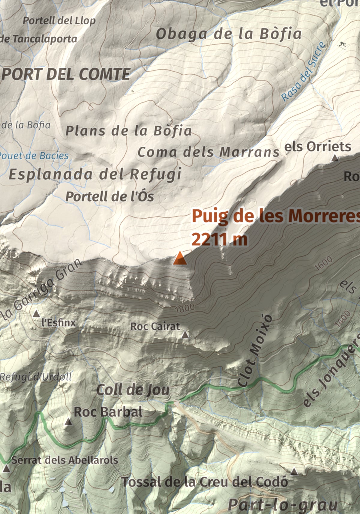 Mapa de relieve de Puig de les Morreres, 2211 m, Solsonès, lámina 100 Cims de Trobart. Detalle de la zona central. 21 × 30 cm.