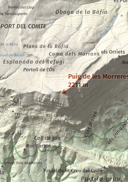 Mapa de relieve de Puig de les Morreres, 2211 m, Solsonès, lámina 100 Cims de Trobart. Detalle de la zona central. 21 × 30 cm.