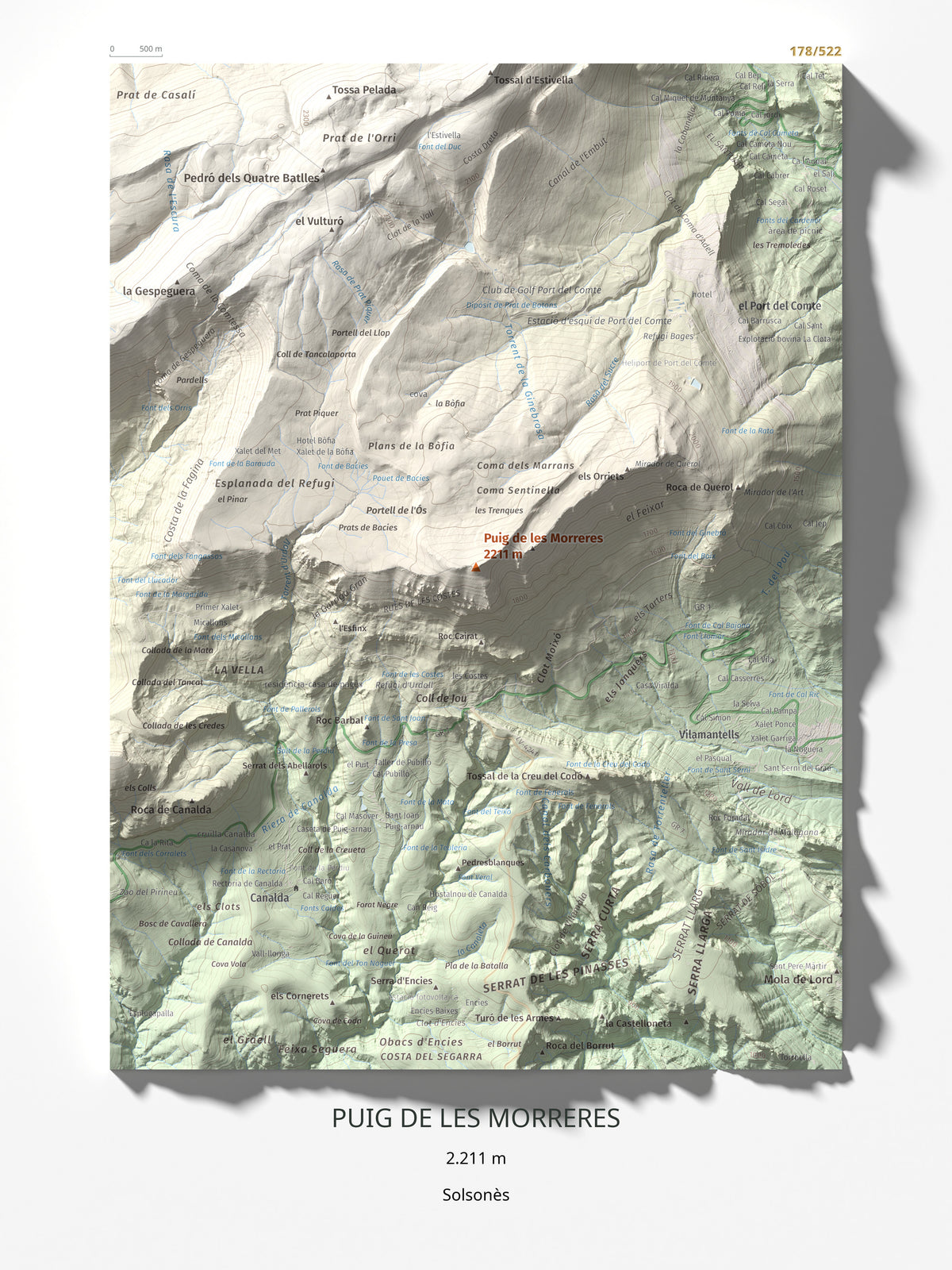 Mapa de relieve de Puig de les Morreres, 2211 m, Solsonès, lámina 100 Cims de Trobart 30 × 40 cm.
