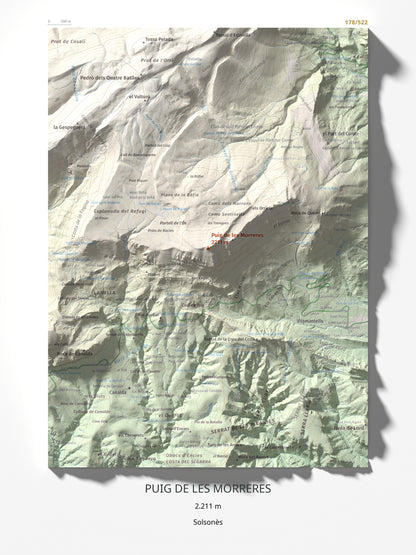 Mapa de relieve de Puig de les Morreres, 2211 m, Solsonès, lámina 100 Cims de Trobart 30 × 40 cm.