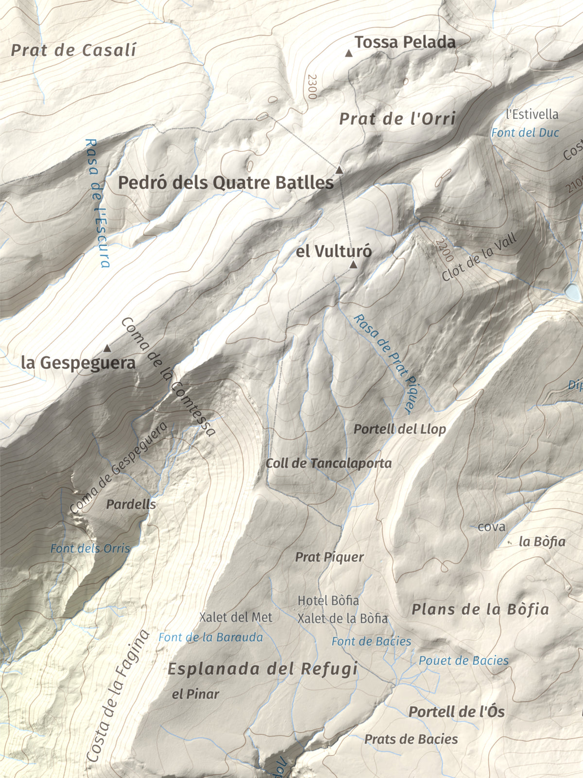Mapa de relieve de Puig de les Morreres, 2211 m, Solsonès, lámina 100 Cims de Trobart. Detalle de la zona superior izquierda. 30 × 40 cm.