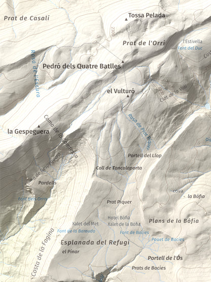 Mapa de relieve de Puig de les Morreres, 2211 m, Solsonès, lámina 100 Cims de Trobart. Detalle de la zona superior izquierda. 30 × 40 cm.
