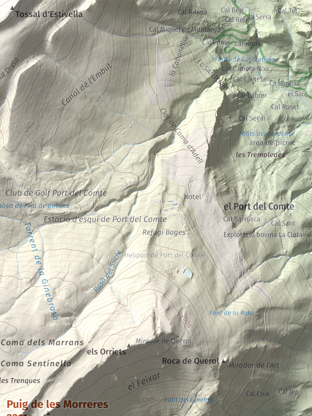 Mapa de relieve de Puig de les Morreres, 2211 m, Solsonès, lámina 100 Cims de Trobart. Detalle de la zona superior derecha. 30 × 40 cm.