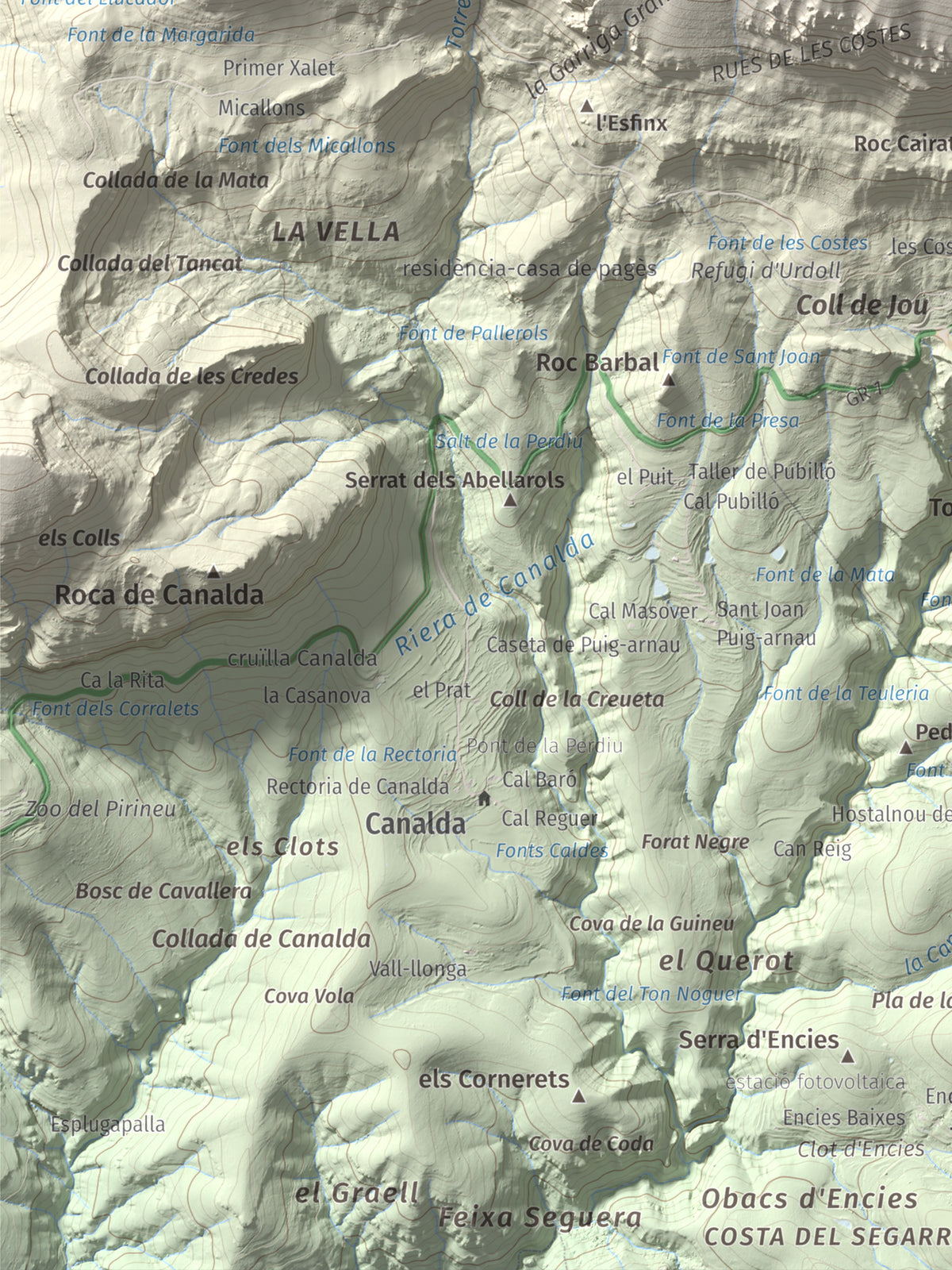 Mapa de relieve de Puig de les Morreres, 2211 m, Solsonès, lámina 100 Cims de Trobart. Detalle de la zona inferior izquierda. 30 × 40 cm.