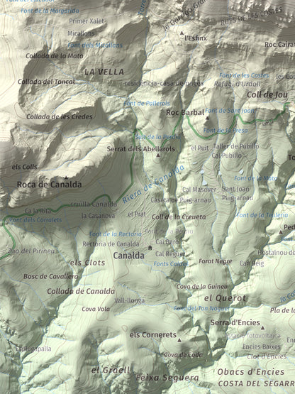 Mapa de relieve de Puig de les Morreres, 2211 m, Solsonès, lámina 100 Cims de Trobart. Detalle de la zona inferior izquierda. 30 × 40 cm.